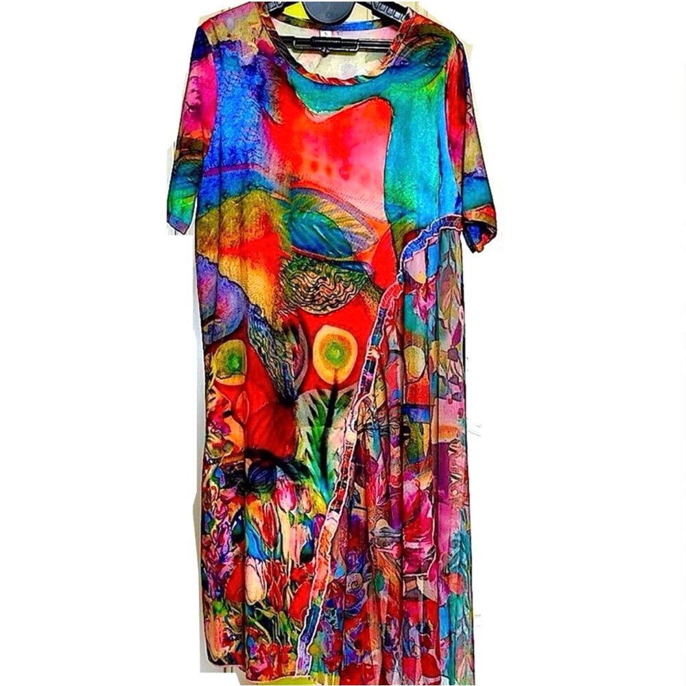 Pink and Blue Asymmetrical Sundress with Crew Neck
